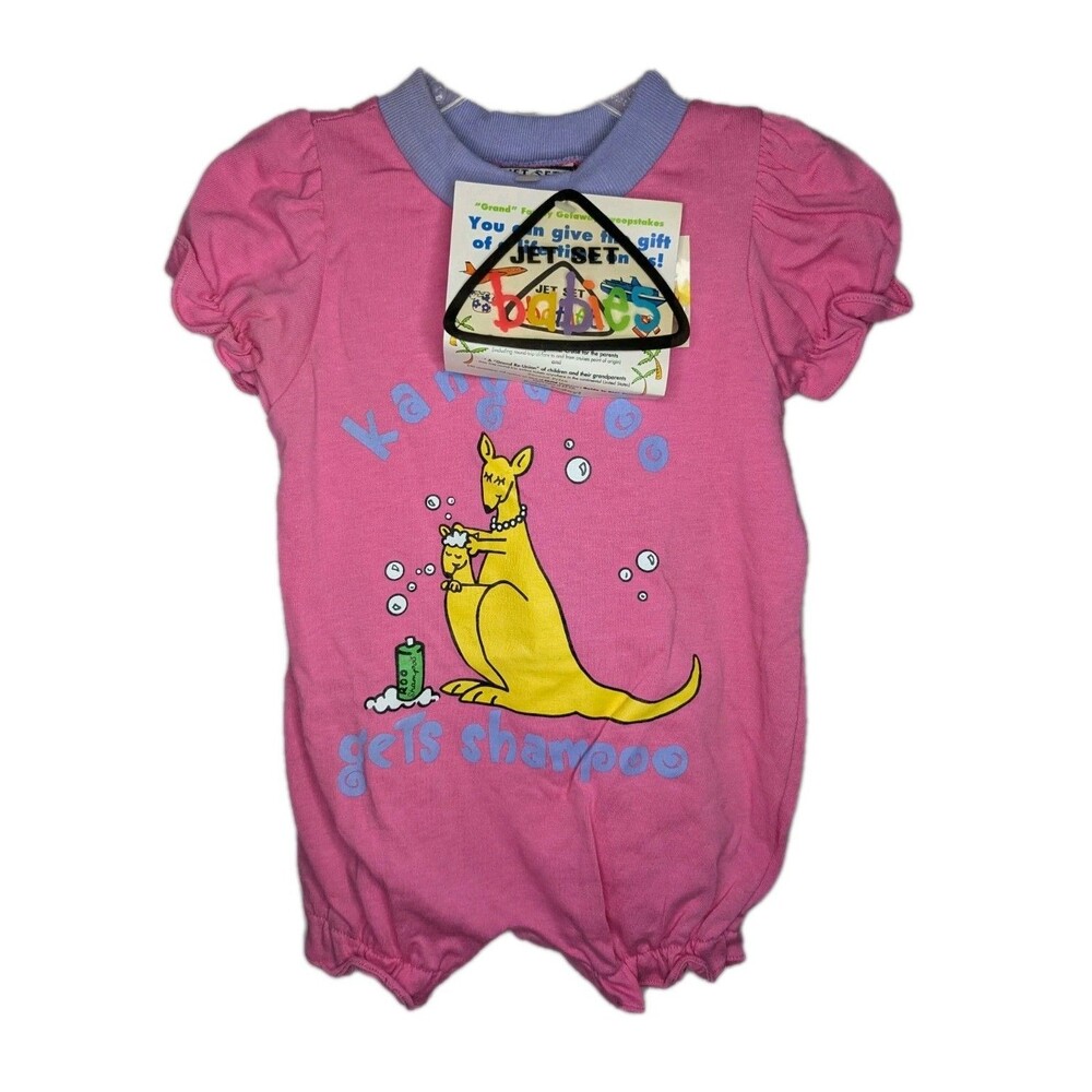 Vintage JET SET Babies Romper Baby Girl's Sz 12 Months Kangaroo Gets Shampoo NOS